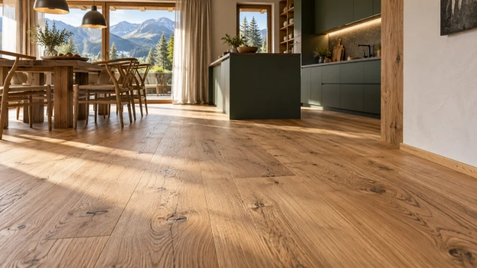 Hochwertiger Eichenboden in einer modernen Küche mit passgenauen Sockelleisten