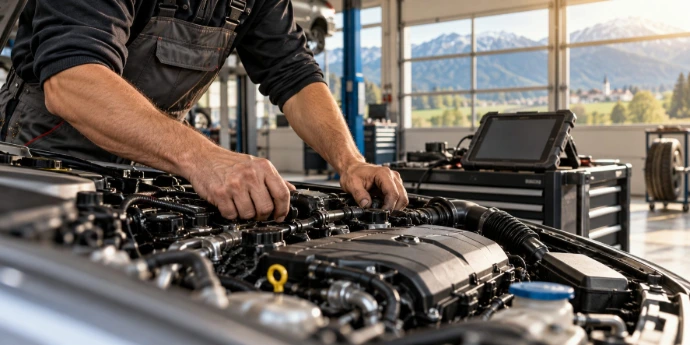 Mechaniker prüft einen Motor in einer modernen Kfz-Werkstatt in Vorarlberg